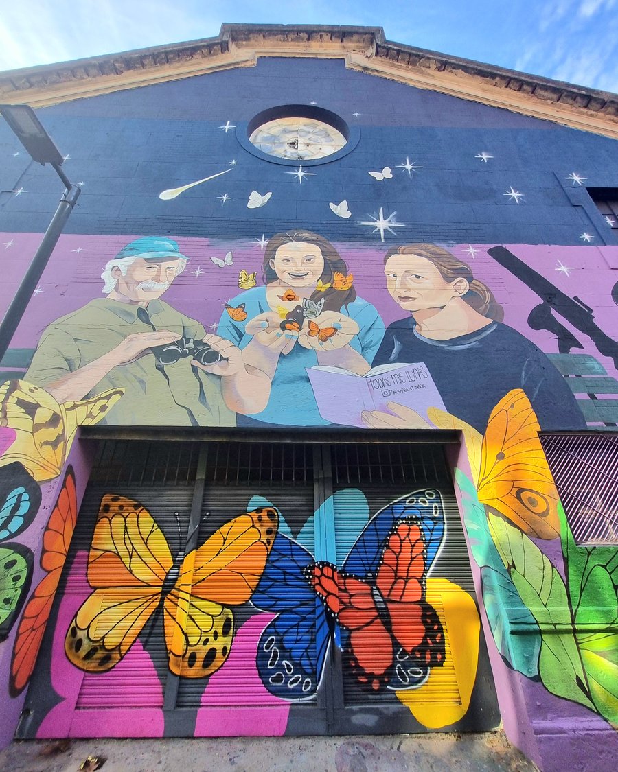 Colorful street art mural of three people surrounded by butterflies, painted on a rolling shutter door in Palermo Soho, Buenos Aires
