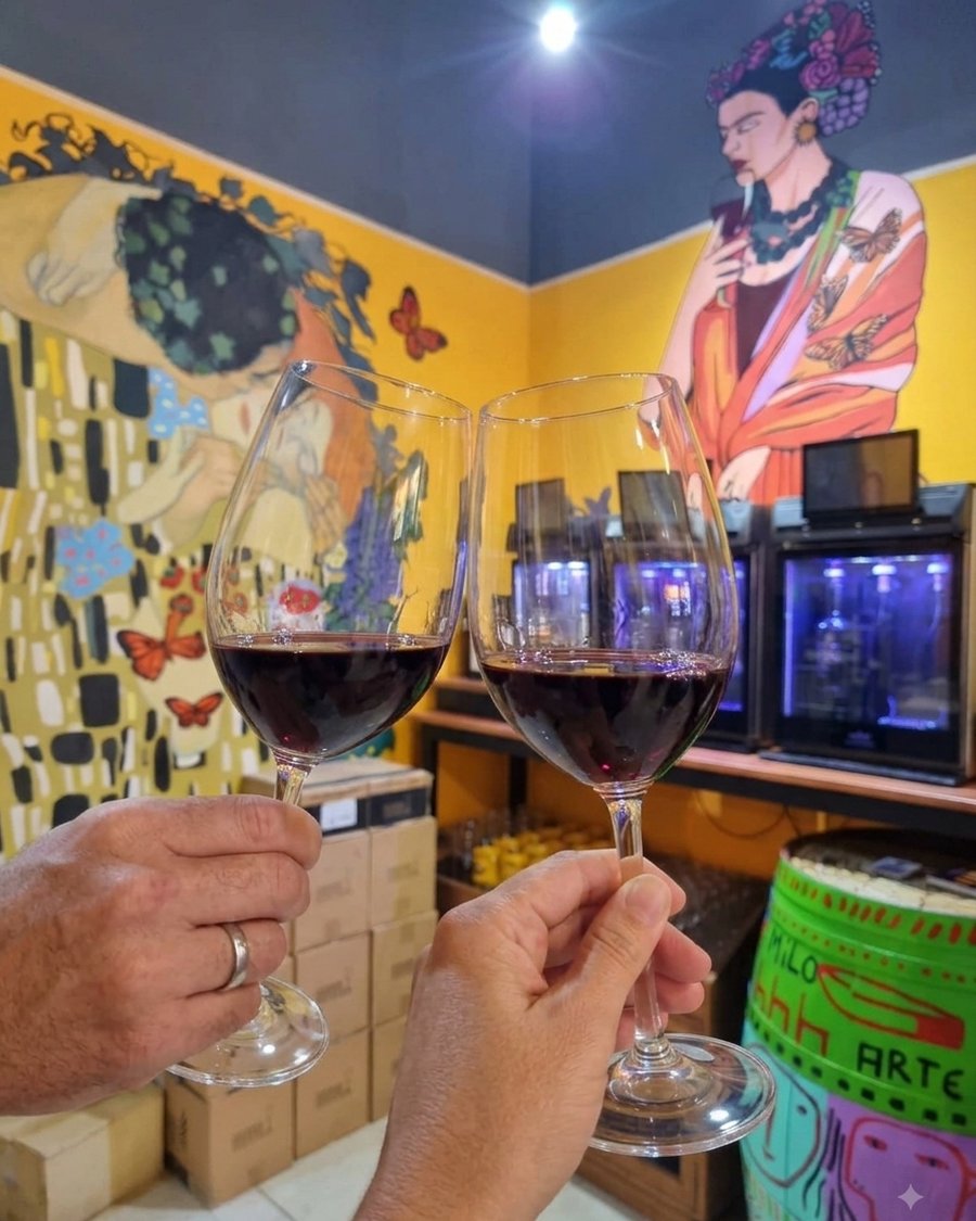 Two glasses of red wine toasting in front of colorful murals inspired by Klimt and Frida Kahlo, Buenos Aires